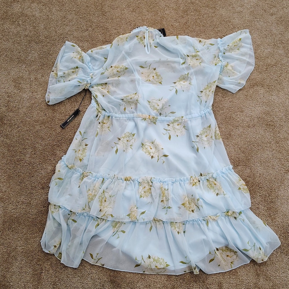 Maxsport Floral Dress Womens XL Blue Ruffle Tiered Chiffon Flutter Coquette - Picture 7 of 7